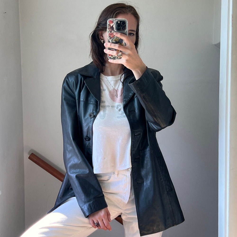 Vintage 90s Leather Blazer Jacket Biker Black Longline Minimalist Sleek Edgy